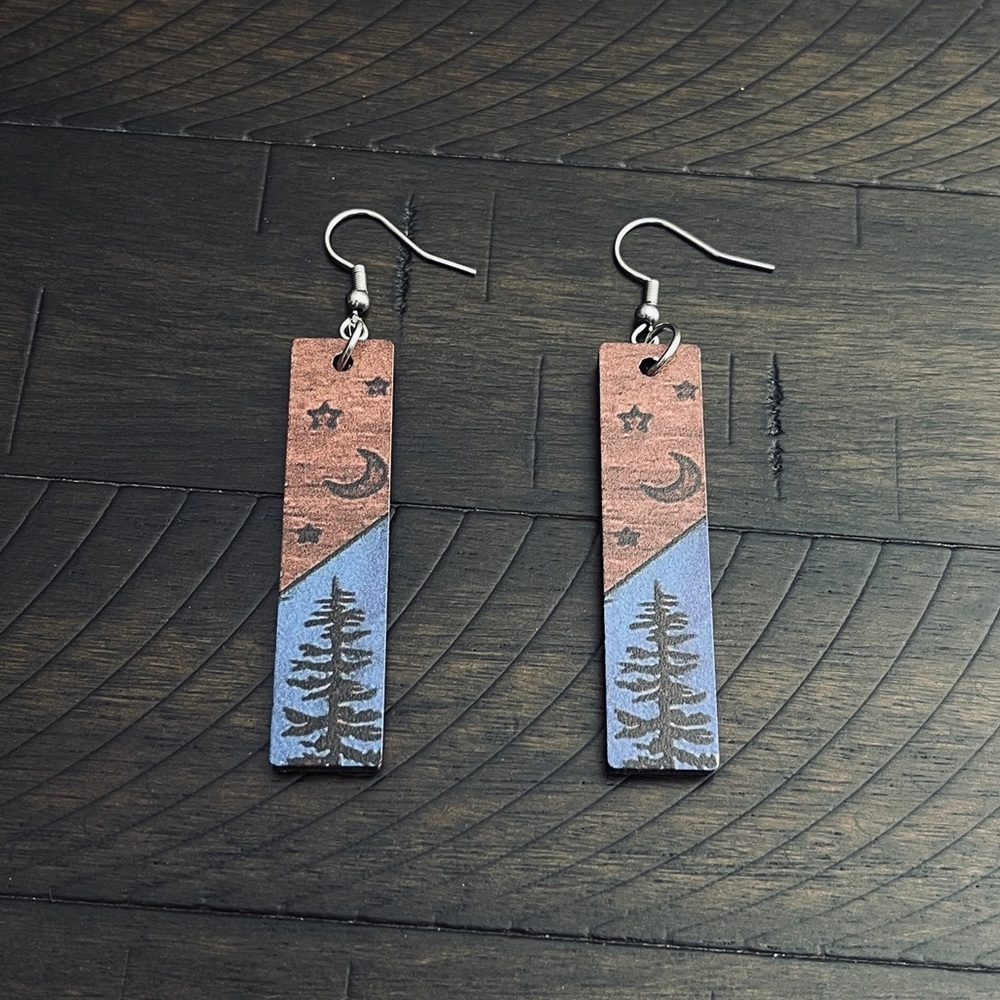 Pine Tree Star and Moon Drop Earrings - Blue, Black and Brown